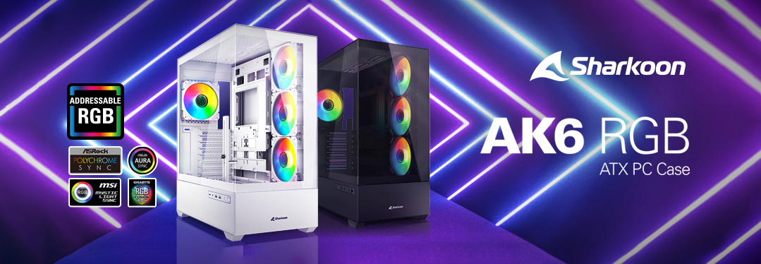 Sharkoon AK6 RGB ピラーレスデザイン採用ミドルタワーPCケース