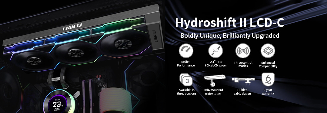 LIAN LI  HydroShift II LCD-Cは水冷のチューブをラジエーターと一体化、セミチューブレス化を実現した「HydroShift」シリーズの最新モデルです。