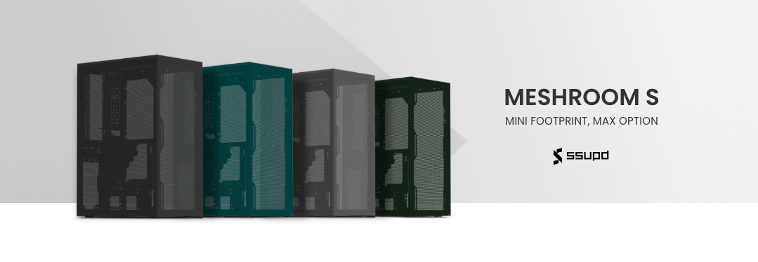 ４色のフルメッシュ PCケース SSPUD MESHROOM Sシリーズ (ブラック/グレイ/グリーン/ブルー)のバナー。