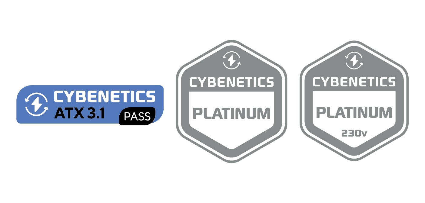 Platinum certifies 効率認証ロゴ: 80 PLUS GOLD、CYBENETICS GOLD、CYBENETICS PLATINUM