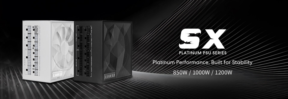 LIAN LI SP V2 SFX電源ユニットの製品バナー。80 PLUS GOLD認証、ATX 3.1準拠、12V-2x6コネクタ、日本製コンデンサを特徴とするフルモジュラー設計のSFX電源。