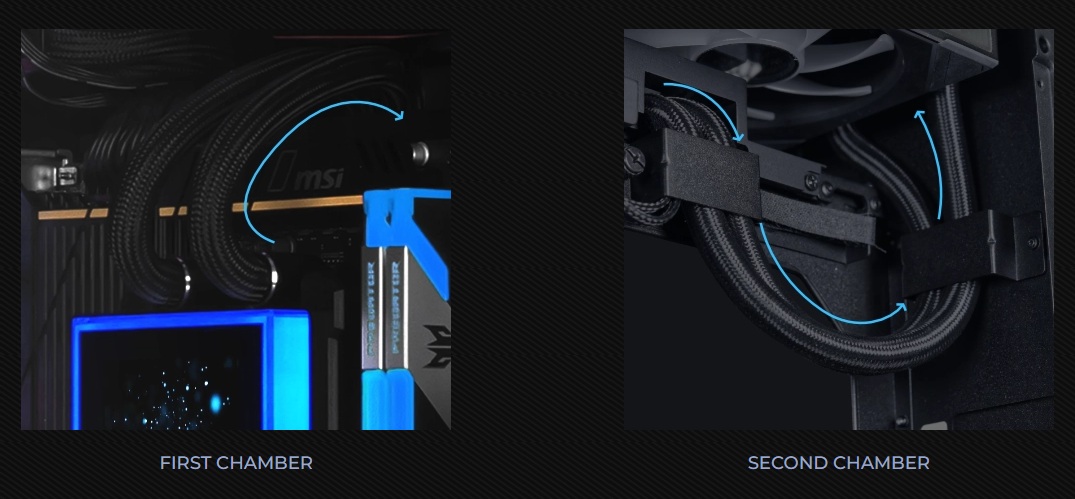 Lian Li O11 Vision-M PCケースのデュアルチャンバー構造により、第2チャンバーには水冷チューブやケーブルを整理しやすいスペースを確保しています。 Lian Li O11 Vision-M PCケースのデュアルチャンバー構造により、第2チャンバーには水冷チューブやケーブルを整理しやすいスペースを確保しています。