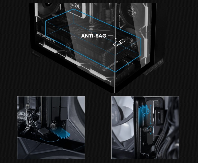 大型GPUに対応するアンチサグブラケットを標準装備するLIAN LI O11 Vision-M PCケース 大型GPUに対応するアンチサグブラケットを標準装備するLIAN LI O11 Vision-M PCケース