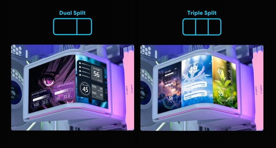 Lian Li HydroShift II OLED CURVED 水冷システムは、柔軟な2分割および3分割レイアウトにより、曲面OLEDディスプレイを複数の独立したゾーンに分割し、画面スペースを最大限に活用できます