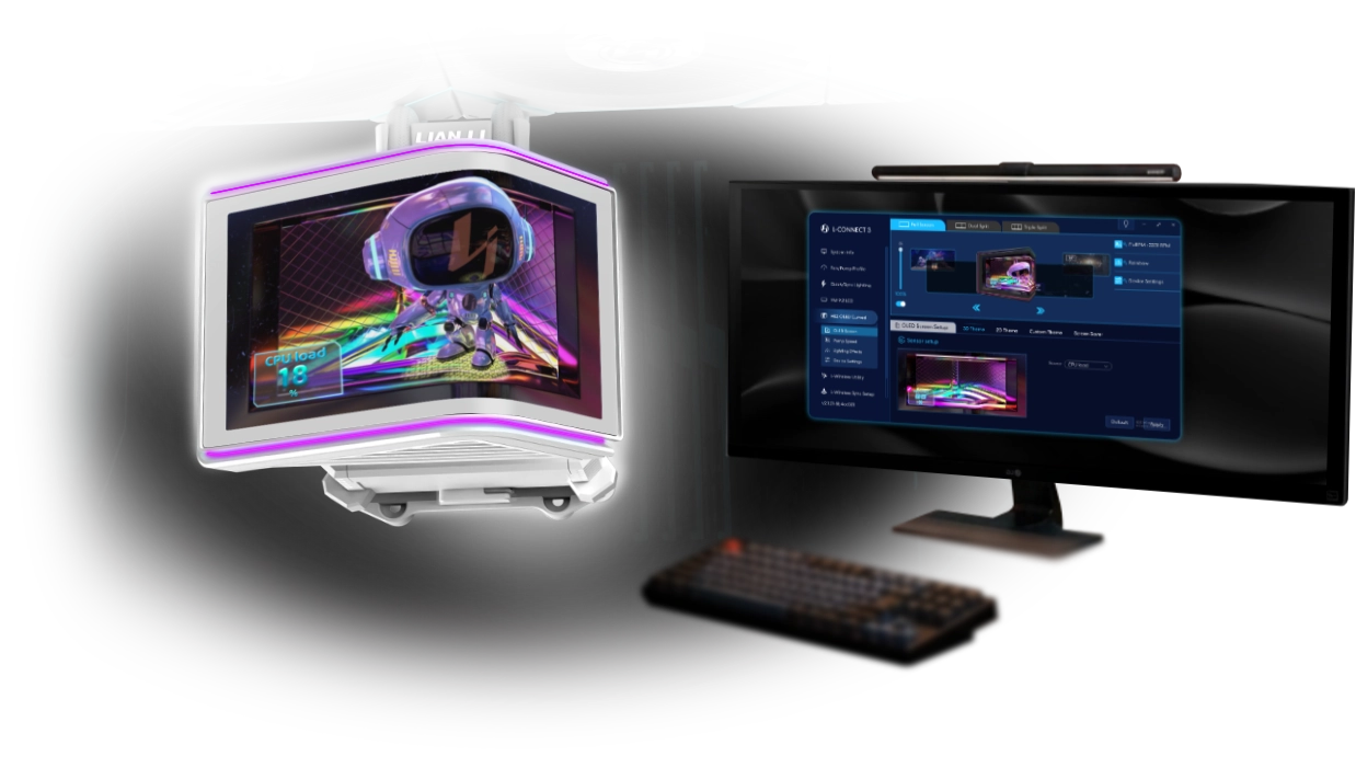 6.67インチのカーブしたOLED液晶ディスプレイ（1048 x 2288ドット）を搭載するLian Li HydroShift II OLED CURVED 水冷システム