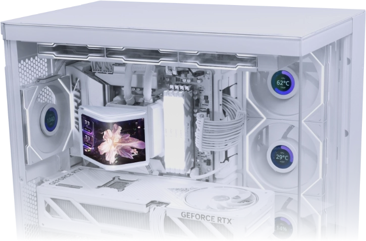 Lian Li HydroShift II OLED Curved の冷却水チューブはラジエーター端部に沿ってサイドマウントする構造を採用しています