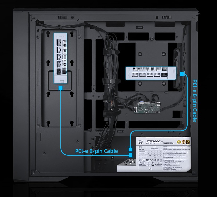 Lian Li EDGE Hub V2 は、電源本体に用意されたコネクタから直接給電できるほか、PCIe 8ピンケーブルによる給電にも対応 Lian Li EDGE Hub V2 は、電源本体に用意されたコネクタから直接給電できるほか、PCIe 8ピンケーブルによる給電にも対応