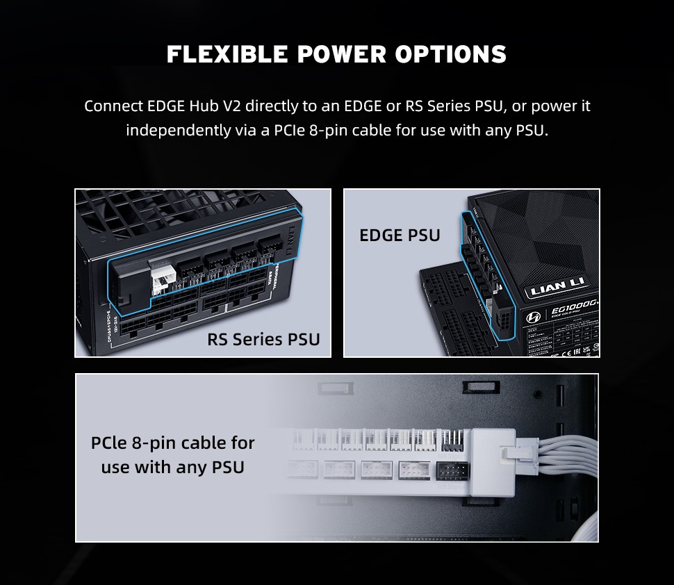「EDGE Hub V2」は、Lian Li社のEDGEシリーズまたはRSシリーズに用意されたコネクタから直接給電できるほか、PCIe 8ピンケーブルによる給電にも対応 「EDGE Hub V2」は、Lian Li社のEDGEシリーズまたはRSシリーズに用意されたコネクタから直接給電できるほか、PCIe 8ピンケーブルによる給電にも対応